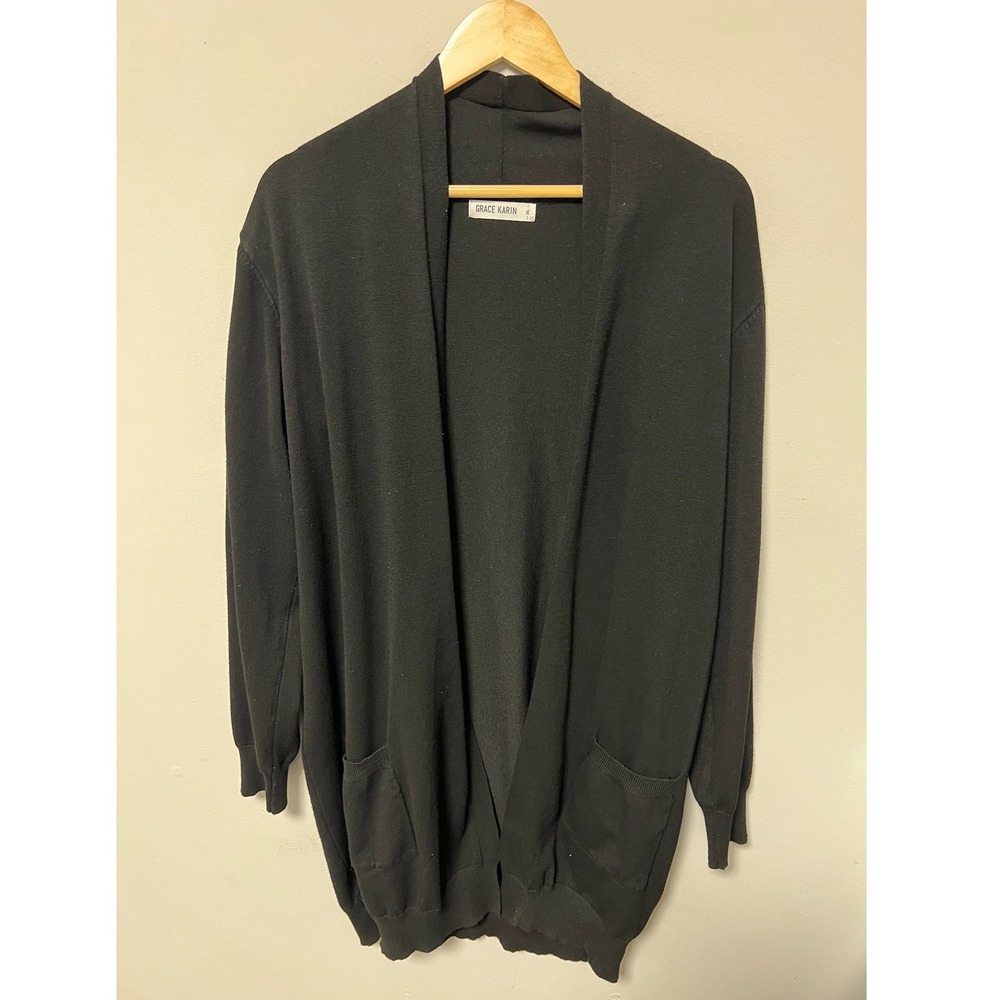 Grace Karin Cardigan Womens XL Black Pre-owned Open Front Longline Pockets